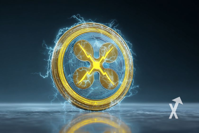 "XRP coin with electric sparkles on blue-grey background"