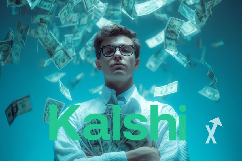 Man in white shirt with dollars flying on blue background and green Kalshi logo.