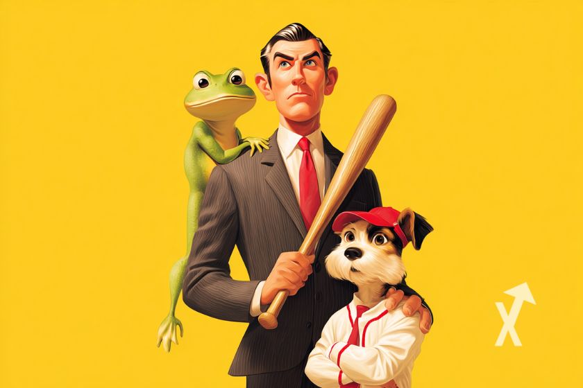 Donald Trump Jr with baseball bat, frog, and dog on yellow background.