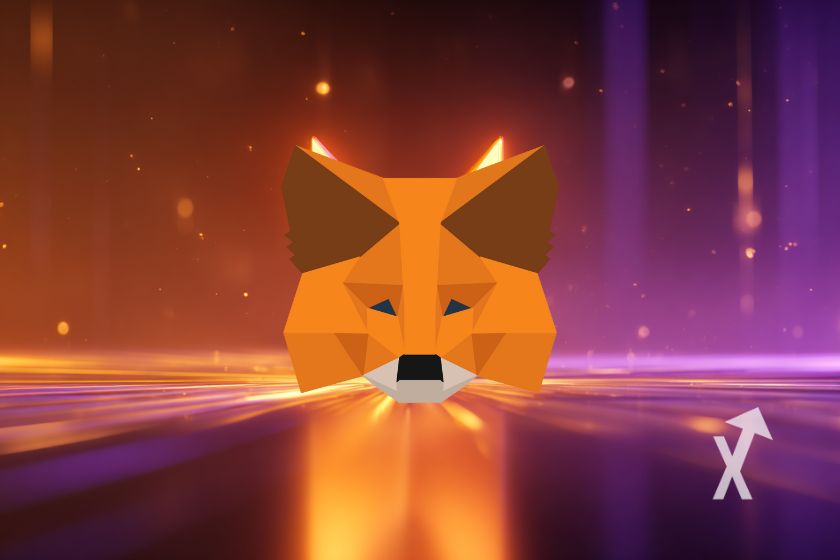 Metamask logo on purple background with orange lights.