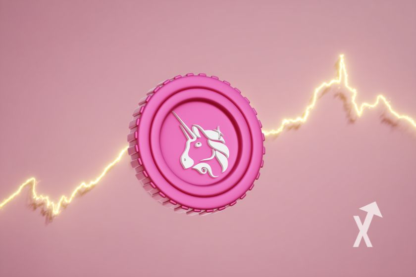 Uniswap coin on pink background with bright yellow price trendline.