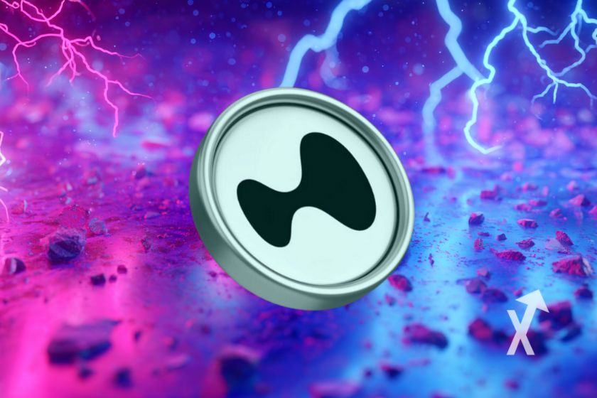 Coin hyperliquid on blue and pink background with blue lightning in space.