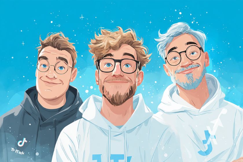 "3 men in TikTok logo sweaters on blue background"