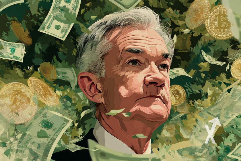 Jerome Powell on green screen with dollars and Bitcoin - financial-themed image.