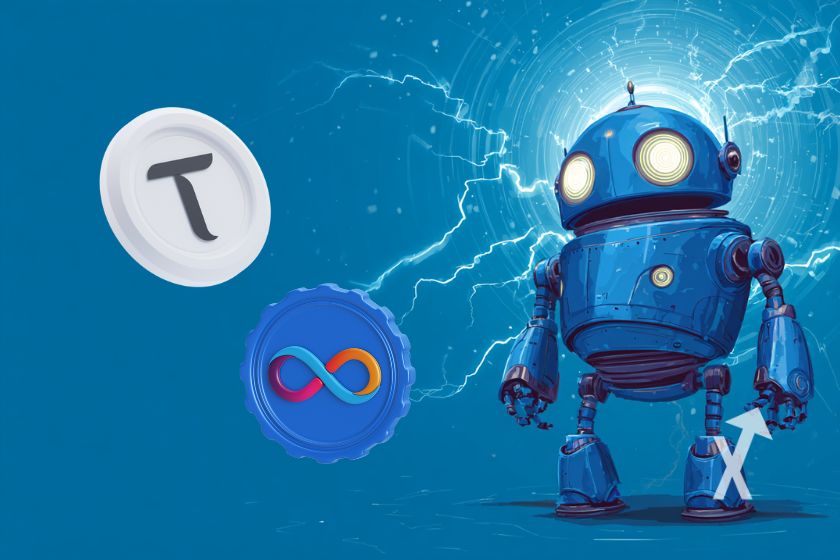 "Coin TAO and ICP on blue background with blue robot and electricity"
