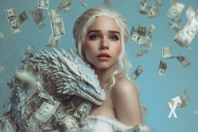 Daenerys Targaryen on blue background with dragon and dollar bills.