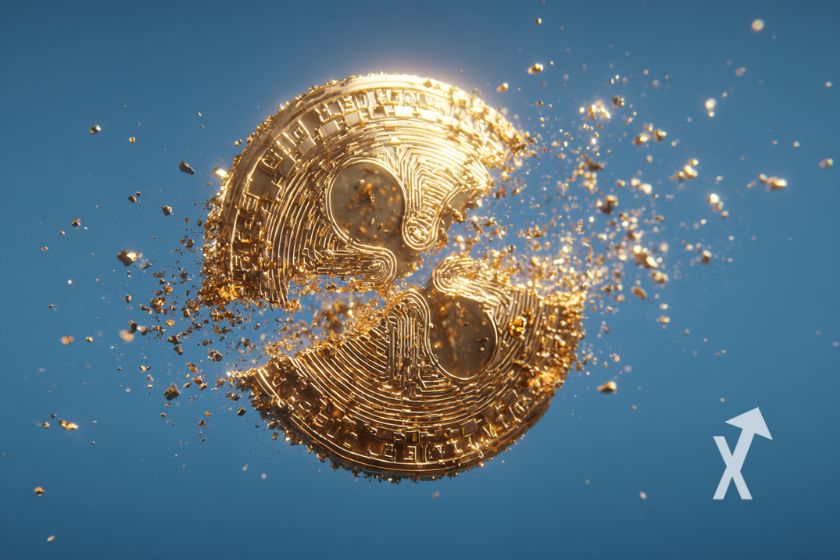 XRP coin splits on blue background.