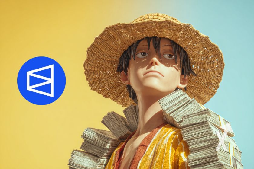 Jarvis trading with Luffy holding cash on blue and yellow background with Polymarket logo on the left.