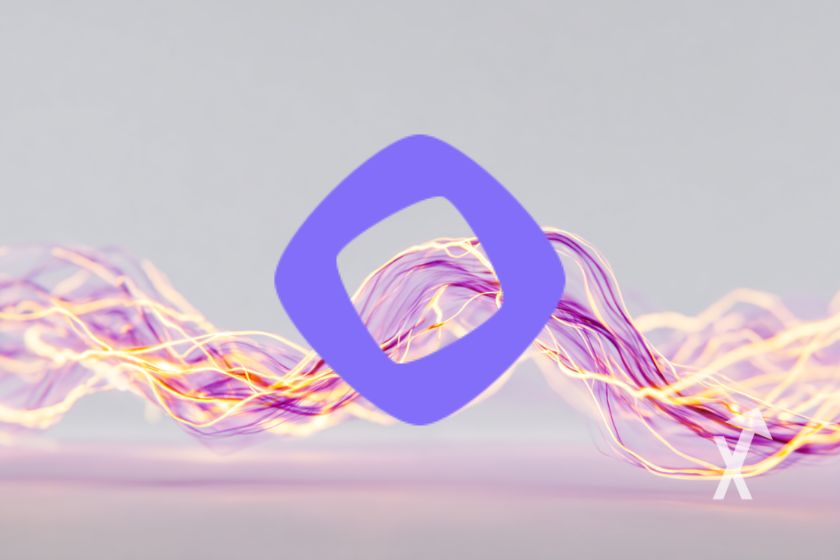 "Monad logo on white background with orange and pink light lines"