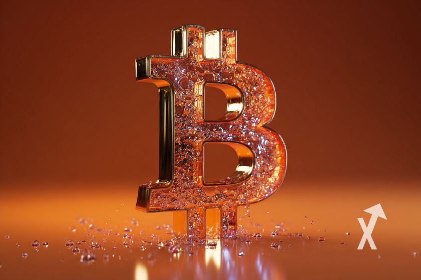 Glass Bitcoin logo on orange background.