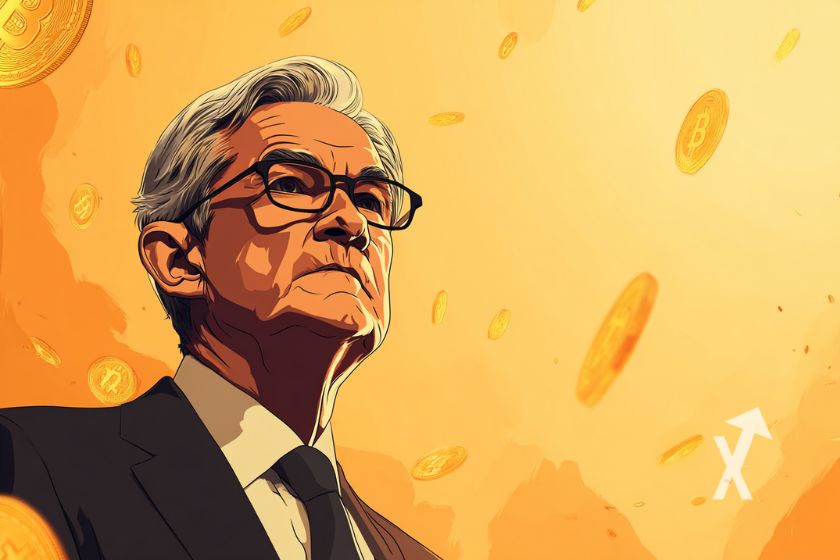 "Jerome Powell with Bitcoin on orange background"