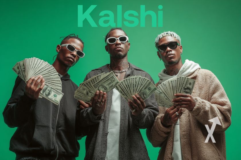 Three men holding dollar bills on green background with Kalshi logo.