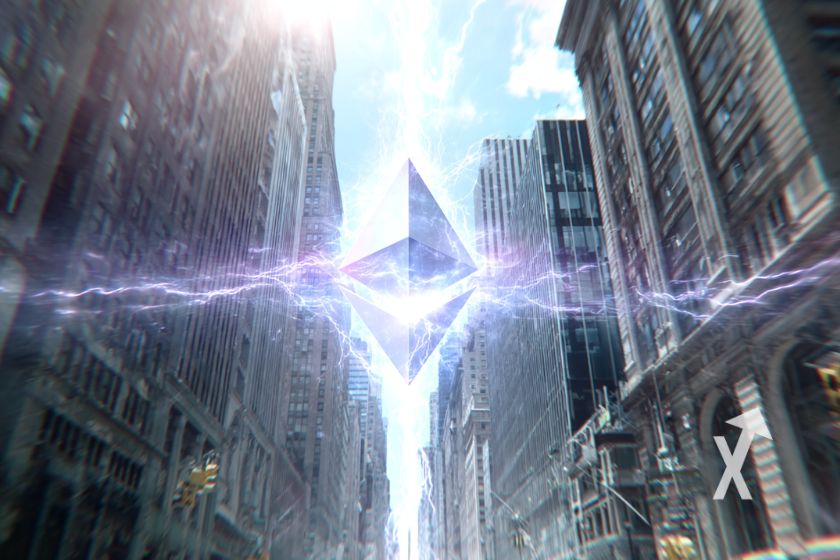 Blue Ethereum logo with purple electricity between city buildings.