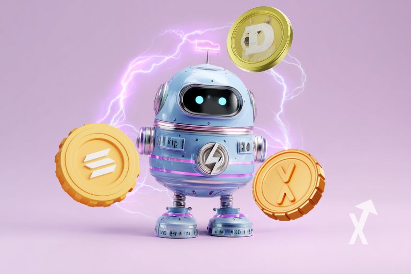 White robot with Solana, XRP, Dogecoin.