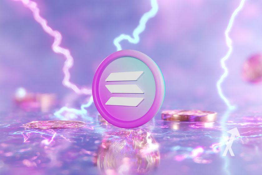 Pink Solana coin on purple background.