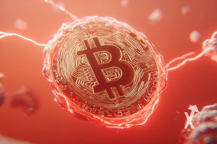 Bitcoin coin on red background with red electric lightning.