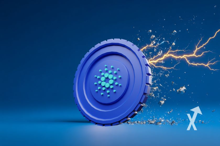 "Cardano ADA coin with yellow electricity on blue background"