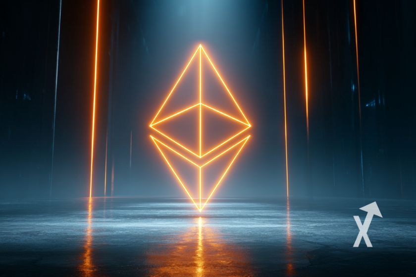 "Ethereum logo in orange neon on blue background"