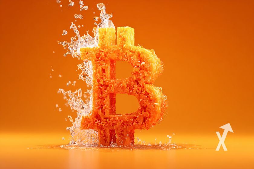 Bitcoin logo in orange explosion-water mix.