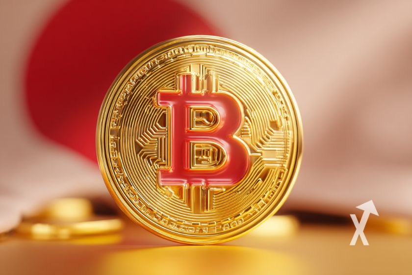 Gold Bitcoin coin with red symbol and Japanese flag in background.