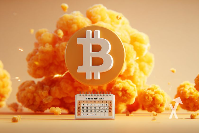 Yellow Bitcoin coin with orange explosion, beige background, and 2025 calendar at its foot.