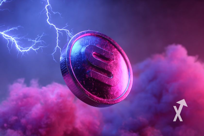 "Solana coin in pink on purple background with pink cloud and blue lightning"