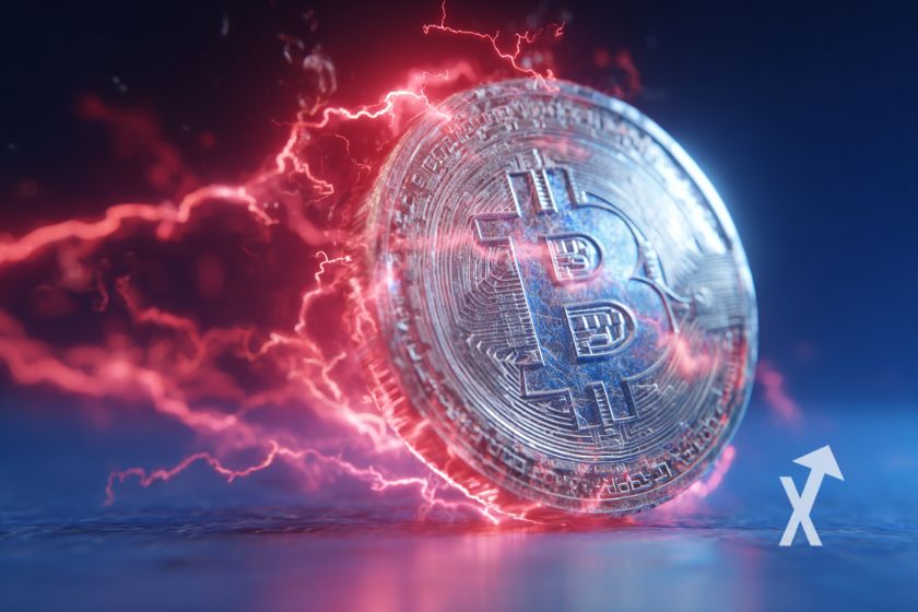 Bitcoin coin with red electricity on blue background.