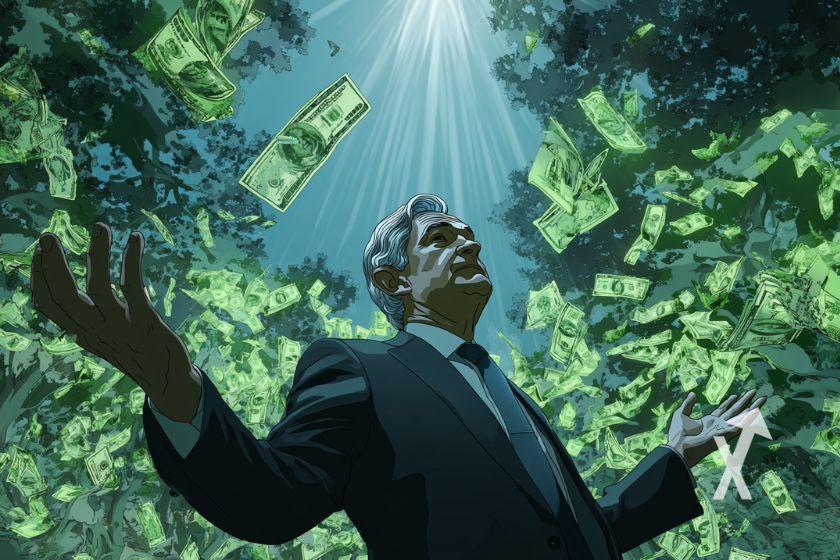 "Jerome Powell in blue night with raining dollar bills"