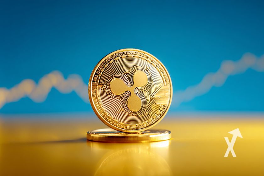 "XRP coin on blue background with yellow trendline and floor"