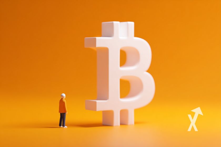 "White Bitcoin logo with orange background and figurine man below"