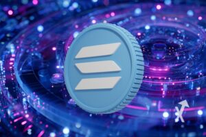 Blue Solana coin on blue external hard drive network background.