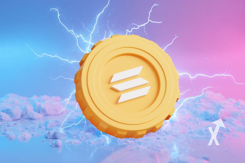 Solana yellow coin on pink and blue background with blue electricity around.