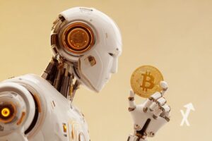 "Robot holding Bitcoin on gray background"