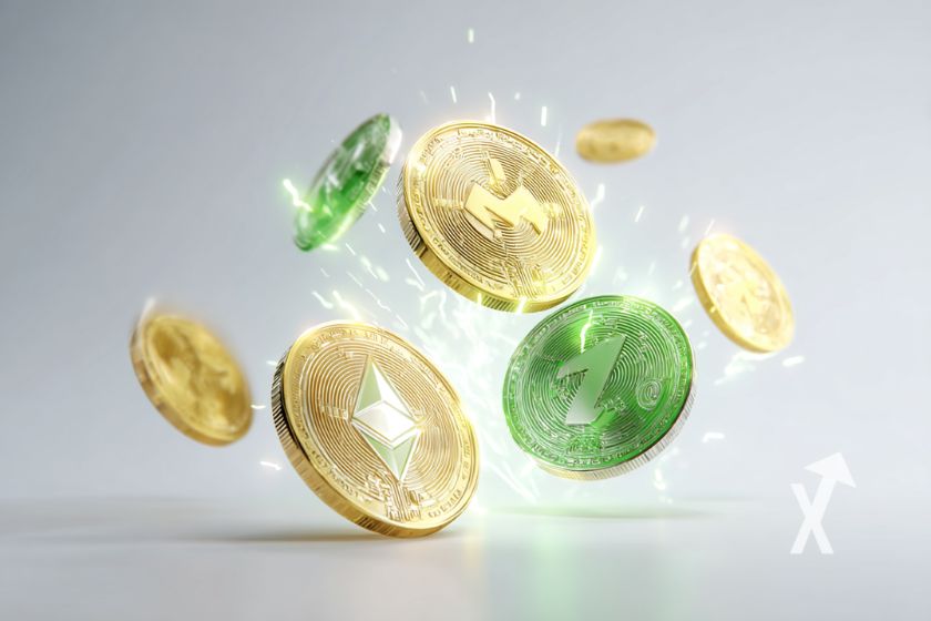 Yellow and green crypto tokens with white electricity on a grey background.