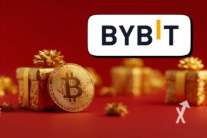 "Bitcoin coin with gifts on red background with ByBit logo"