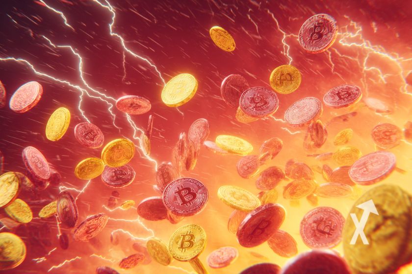 "Yellow and red Bitcoin crypto tokens on a red background with red electricity"