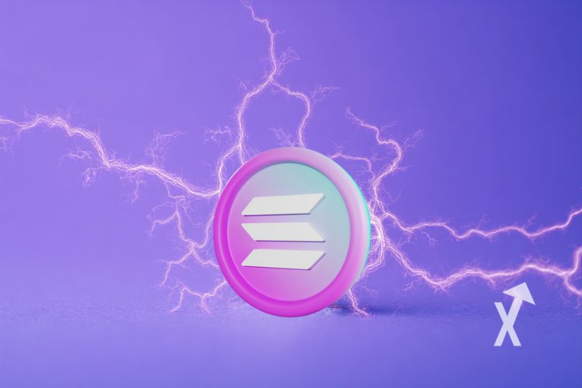 Pink Solana coin on violet background.