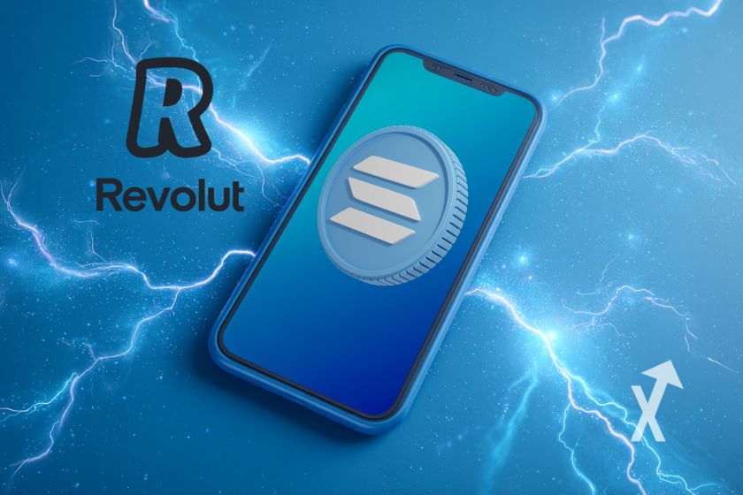 Blue phone with Solana corner on screen on blue background with white lights and Revolut logo.