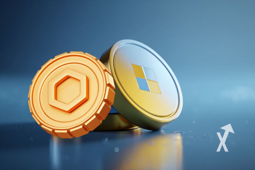 Yellow coin chainlink on blue background.