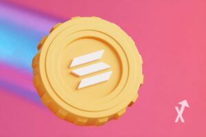 "Yellow Solana coin on pink background with blue beam following"