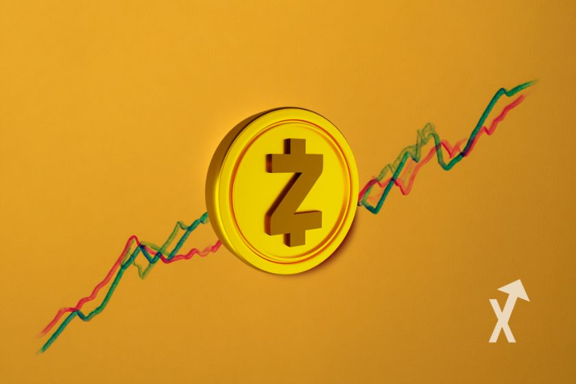 Zcash ZEC coin on yellow background.