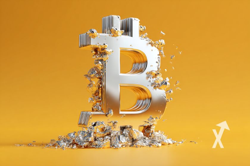 "Silver Bitcoin logo on orange background"