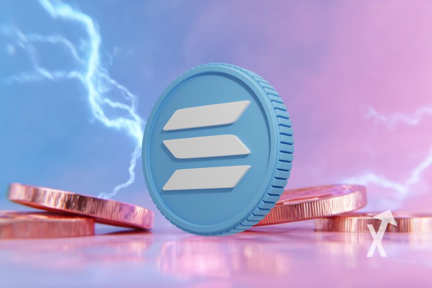 Solana coin on pink and blue background with electricity and golden corners on the floor.