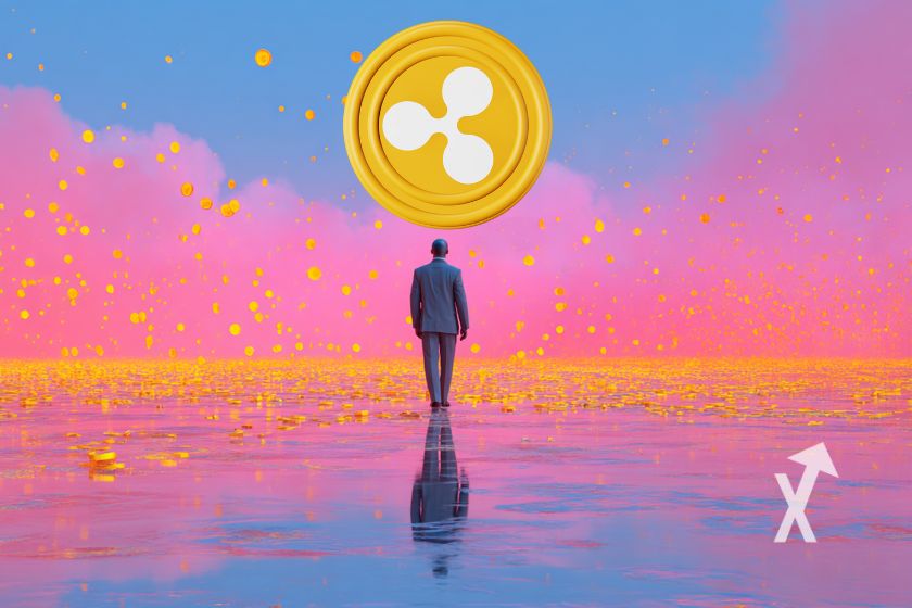 Man in pink and blue world, yellow XRP corner in the sky.