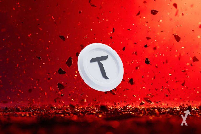 White token with Bittensor logo on red background with falling debris.