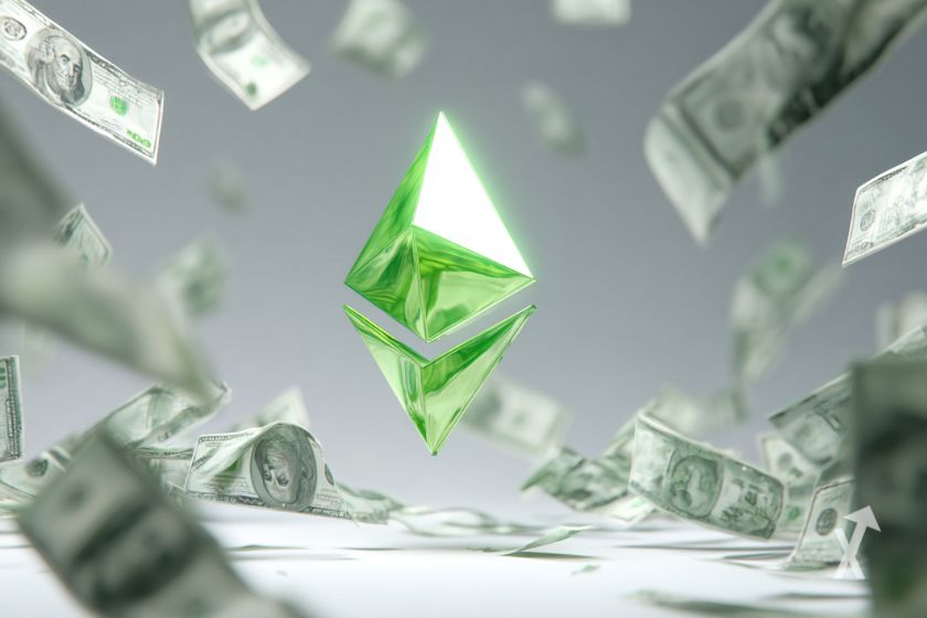 Ethereum logo with green tickets flying.