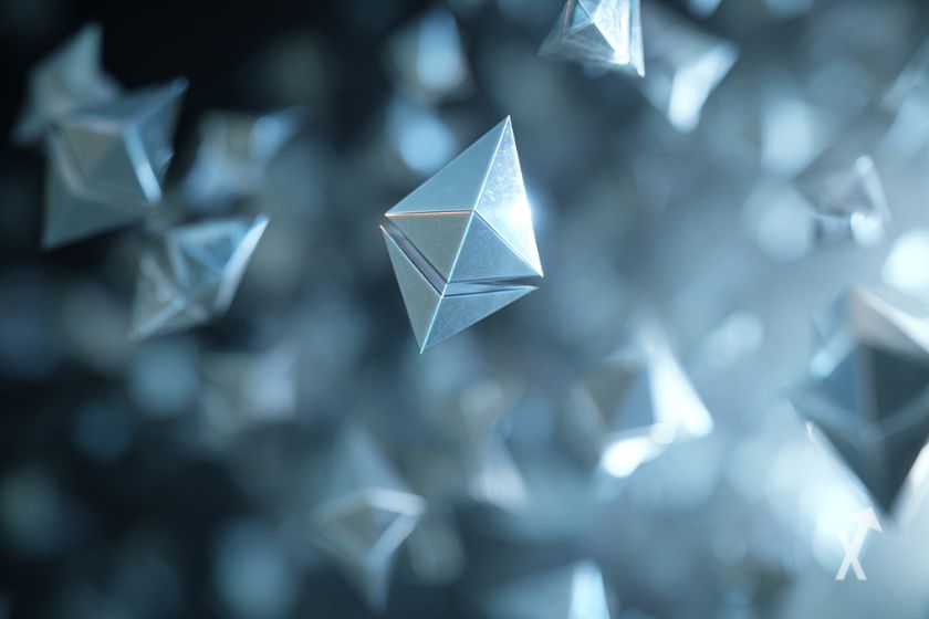 3D gray Ethereum logos flying.