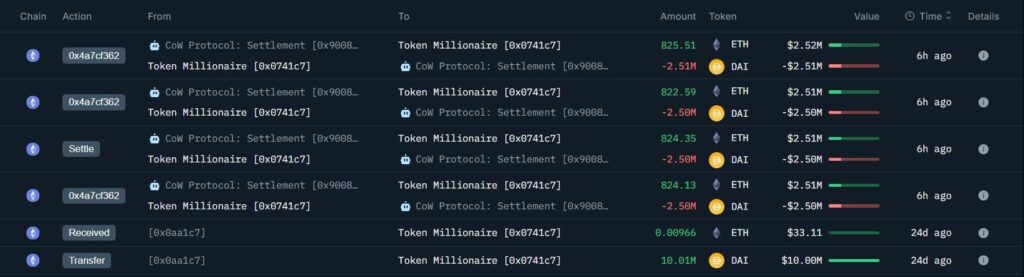 ethereum whale table with multiple figures and percentages on black background