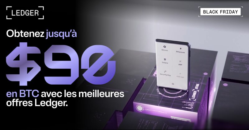 A Ledger key on a black and purple background for a special Black Friday offer of $90 of BTC