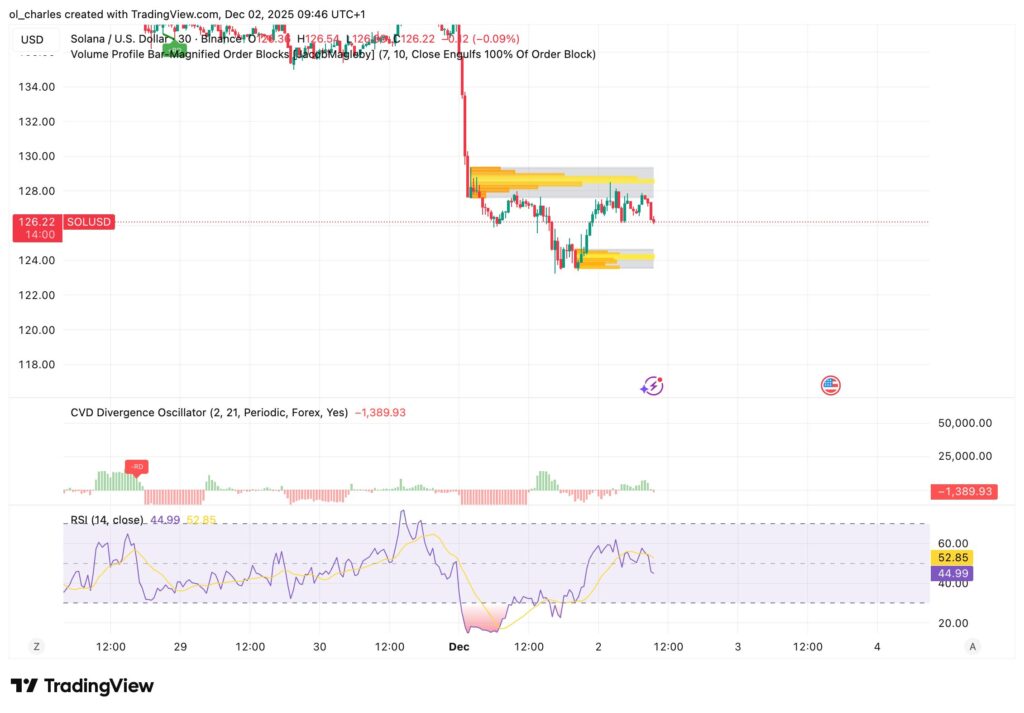 Solana price chart in 30 minutes with Order Blocks and RSI